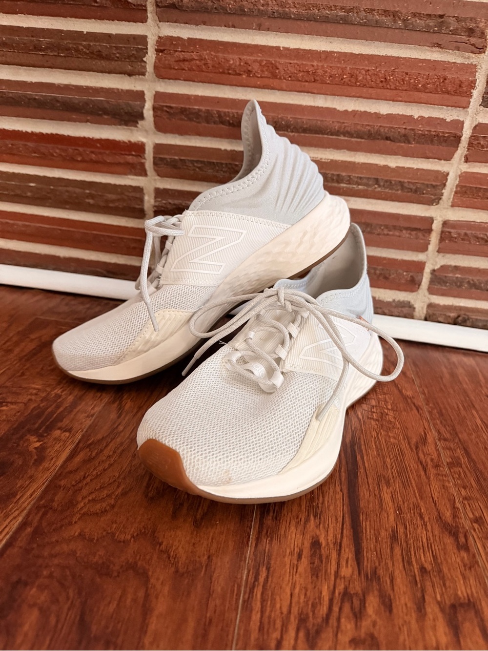 New Balance Women’s Off-White Knit Lace-Up Running Sneakers with Gum Toe